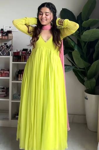 Green faux georgette embroidered flared gown set