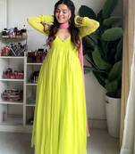 Green faux georgette embroidered flared gown set