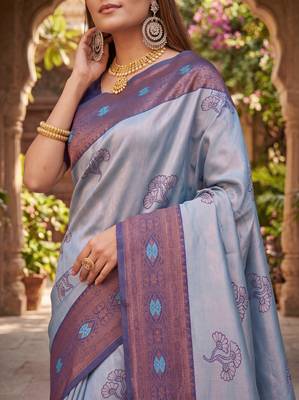 BLUE RAMA ART SILK BANARASI JACUARD WORK SAREE WITH UNSTITCHED BLOUSE PIECE 4