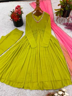 Green faux georgette embroidered flared gown set 4