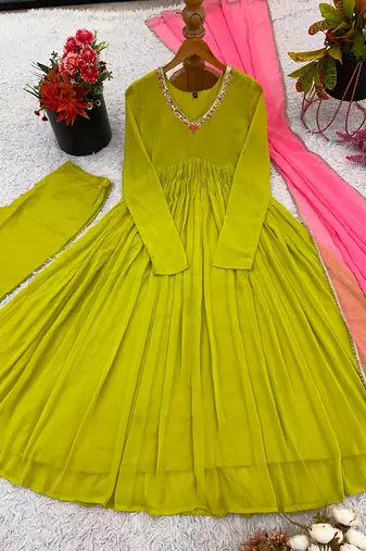 Green faux georgette embroidered flared gown set