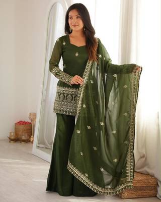 Dark-green silk blend embroidered palazzo set 1
