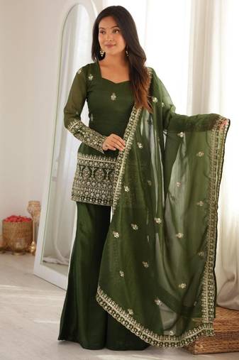 Dark-green silk blend embroidered palazzo set