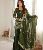Dark-green silk blend embroidered palazzo set