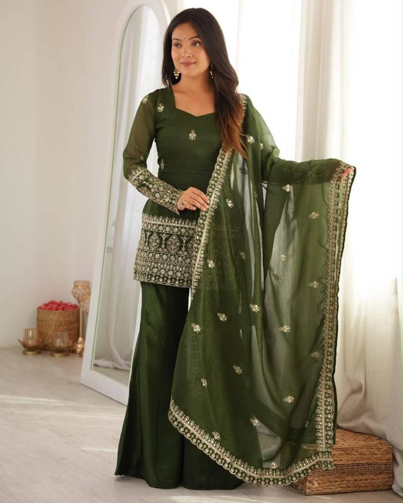 Dark-green silk blend embroidered palazzo set