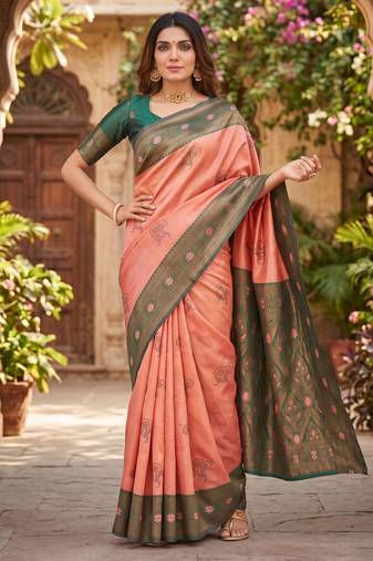 GAJRI GREEN ART SILK BANARASI JACUARD WORK SAREE WITH UNSTITCHED BLOUSE PIECE