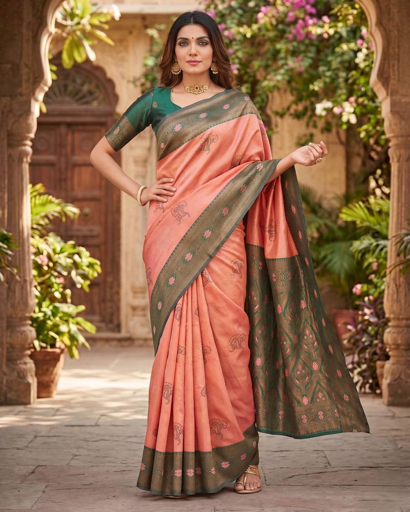 GAJRI GREEN ART SILK BANARASI JACUARD WORK SAREE WITH UNSTITCHED BLOUSE PIECE