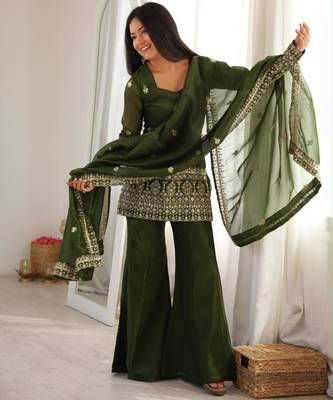 Dark-green silk blend embroidered palazzo set 3