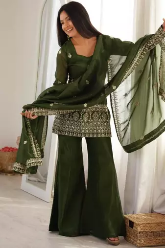 Dark-green silk blend embroidered palazzo set