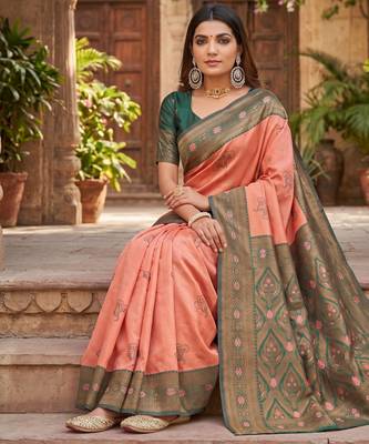 GAJRI GREEN ART SILK BANARASI JACUARD WORK SAREE WITH UNSTITCHED BLOUSE PIECE 2