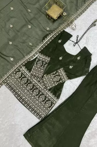 Dark-green silk blend embroidered palazzo set