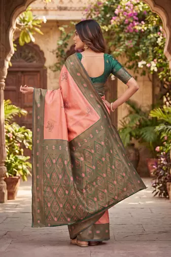 GAJRI GREEN ART SILK BANARASI JACUARD WORK SAREE WITH UNSTITCHED BLOUSE PIECE