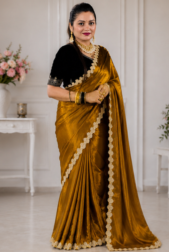  Antique Gold Embroidery Coding & Sequence work Tissue Saree