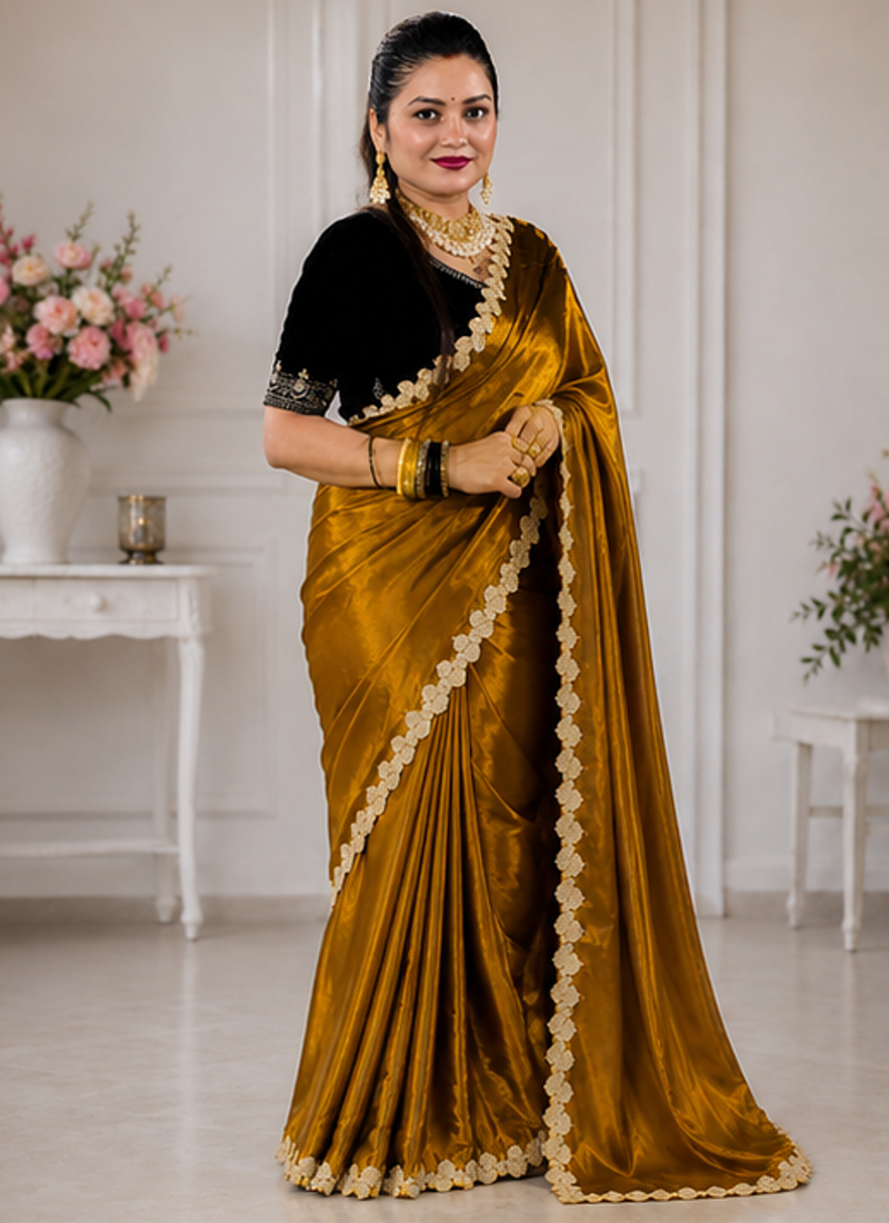  Antique Gold Color Embroidery Coding & Sequence Border work Tissue Saree