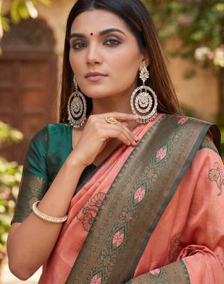 GAJRI GREEN ART SILK BANARASI JACUARD WORK SAREE WITH UNSTITCHED BLOUSE PIECE 4