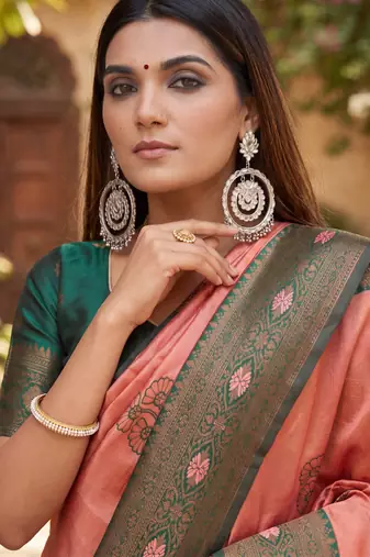 GAJRI GREEN ART SILK BANARASI JACUARD WORK SAREE WITH UNSTITCHED BLOUSE PIECE