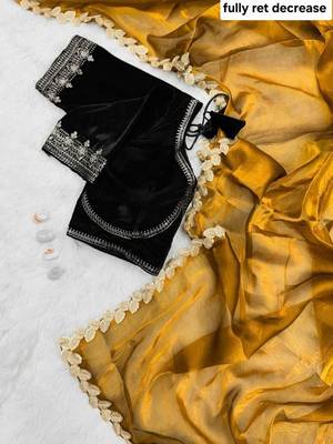  Antique Gold Color Embroidery Coding & Sequence Border work Tissue Saree 3