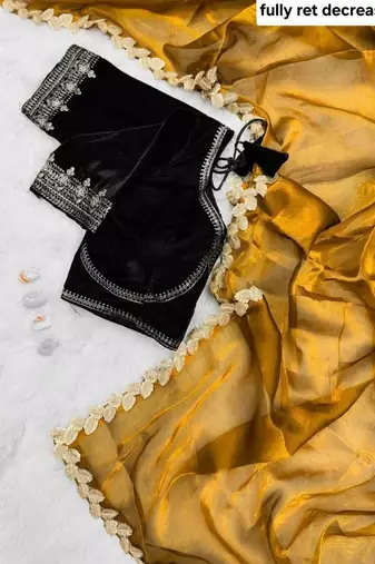  Antique Gold Color Embroidery Coding & Sequence Border work Tissue Saree