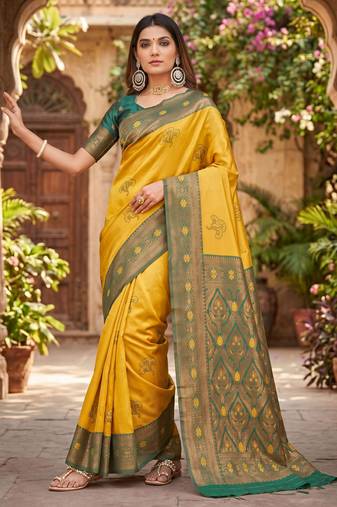 GREEN GOLD ART SILK BANARASI JACUARD WORK SAREE WITH UNSTITCHED BLOUSE PIECE