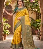 GREEN GOLD ART SILK BANARASI JACUARD WORK SAREE WITH UNSTITCHED BLOUSE PIECE