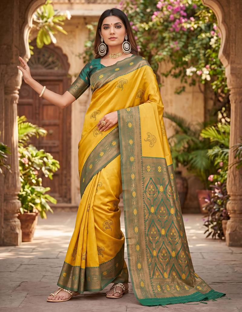 GREEN GOLD ART SILK BANARASI JACUARD WORK SAREE WITH UNSTITCHED BLOUSE PIECE