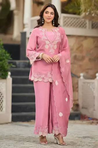 Pink satin embroidered palazzo set