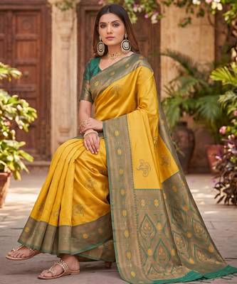 GREEN GOLD ART SILK BANARASI JACUARD WORK SAREE WITH UNSTITCHED BLOUSE PIECE 2