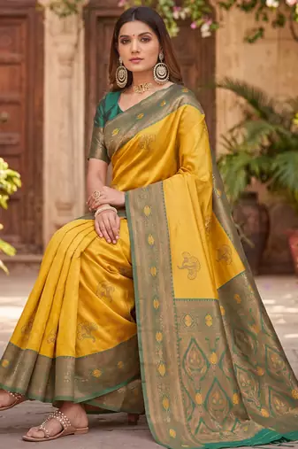 GREEN GOLD ART SILK BANARASI JACUARD WORK SAREE WITH UNSTITCHED BLOUSE PIECE
