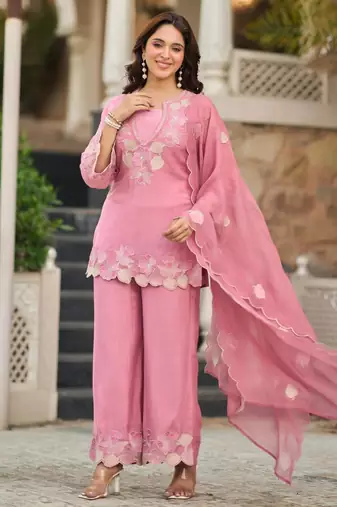 Pink satin embroidered palazzo set