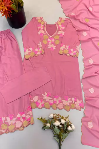 Pink satin embroidered palazzo set