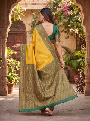 GREEN GOLD ART SILK BANARASI JACUARD WORK SAREE WITH UNSTITCHED BLOUSE PIECE 3