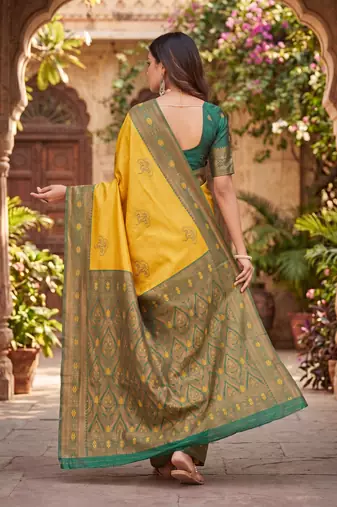 GREEN GOLD ART SILK BANARASI JACUARD WORK SAREE WITH UNSTITCHED BLOUSE PIECE