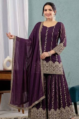 Plum silk blend embroidered palazzo set