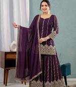 Plum silk blend embroidered palazzo set
