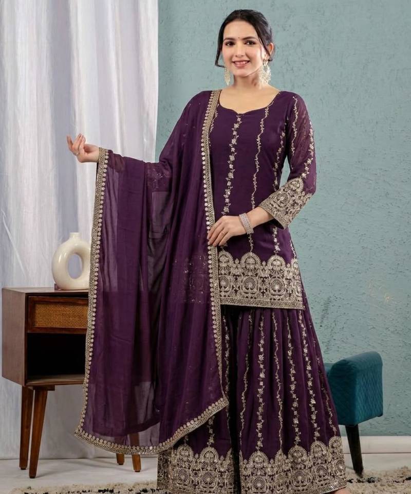 Plum silk blend embroidered palazzo set