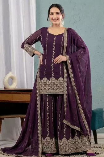 Plum silk blend embroidered palazzo set
