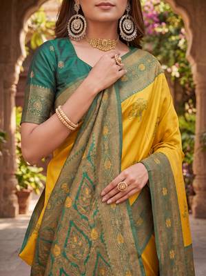 GREEN GOLD ART SILK BANARASI JACUARD WORK SAREE WITH UNSTITCHED BLOUSE PIECE 4