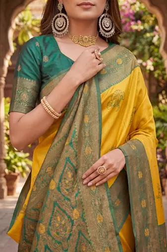 GREEN GOLD ART SILK BANARASI JACUARD WORK SAREE WITH UNSTITCHED BLOUSE PIECE