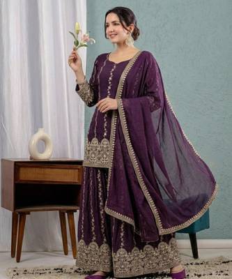 Plum silk blend embroidered palazzo set 3