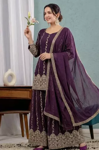 Plum silk blend embroidered palazzo set