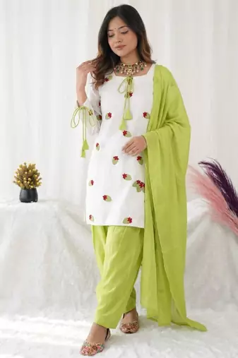 White cotton silk embroidered farshi salwar set