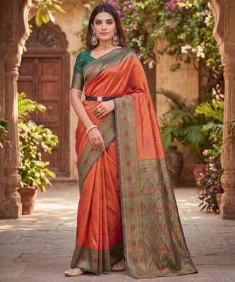 ORANGE GREEN ART SILK BANARASI JACUARD WORK SAREE WITH UNSTITCHED BLOUSE PIECE 1