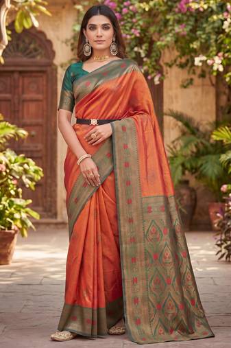 ORANGE GREEN ART SILK BANARASI JACUARD WORK SAREE WITH UNSTITCHED BLOUSE PIECE
