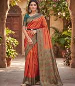 ORANGE GREEN ART SILK BANARASI JACUARD WORK SAREE WITH UNSTITCHED BLOUSE PIECE