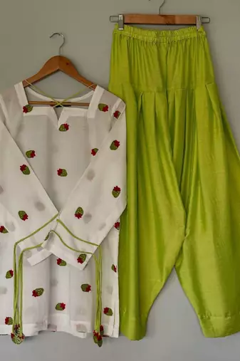 White cotton silk embroidered farshi salwar set