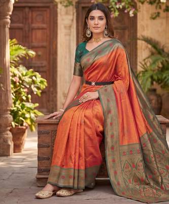 ORANGE GREEN ART SILK BANARASI JACUARD WORK SAREE WITH UNSTITCHED BLOUSE PIECE 2