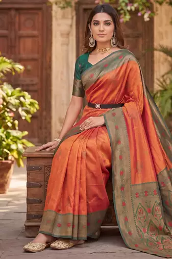 ORANGE GREEN ART SILK BANARASI JACUARD WORK SAREE WITH UNSTITCHED BLOUSE PIECE