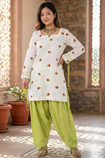White cotton silk embroidered farshi salwar set