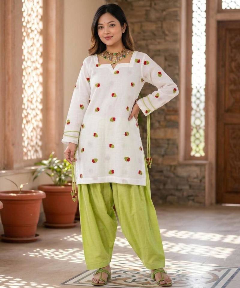 White cotton silk embroidered farshi salwar set