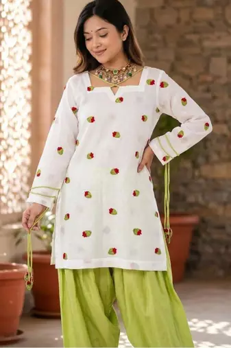 White cotton silk embroidered farshi salwar set